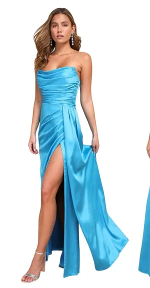 Lulus Ethereal Excellence Teal Blue Satin Pleated Strapless Maxi Dress size S thumbnail 1