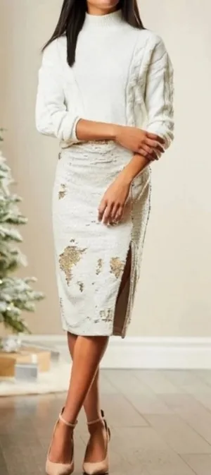 C&V Full Sequin Midi Skirt Size 0 Silver‎ Gold Pencil Metallic Holiday Party New thumbnail 1