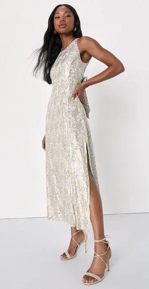 Lulu’s White and Gold Floral Print Tie-Back Midi Dress thumbnail 1