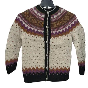 Vintage Nordic Sweater Womens Size S Wool Hand Knit‎ Fair Isle Cardigan Chunky thumbnail 1