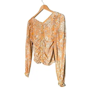 NWT Free People Say The Word Tee XS Blood Orange Floral Ruched Long Sleeve Top thumbnail 6