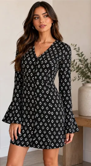 Abercrombie & Fitch XS Black Geometric Print Bell Sleeve Mini Dress thumbnail 1