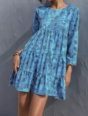 Zara Women's Blue Floral 3/4 Sleeve Mini‎ Dress Size Large Ruffle Casual thumbnail 1