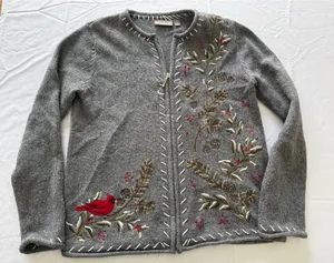 Croft & Barrow Ramie Silk Christmas‎ Sweater zip up cardigan Cardinal Floral thumbnail 1