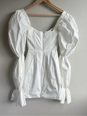 House Of CB White Puff-Sleeve Mini Dress with Tie Front thumbnail 4