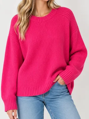 Zara Hot Pink Chunky Knit Oversized Crewneck Sweater Long Sleeve Pullover. Sz M thumbnail 1