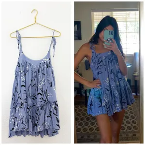 Free People Blue Floral Babydoll Mini Dress Tunic Size XS Tie Strap Boho Cottage thumbnail 2