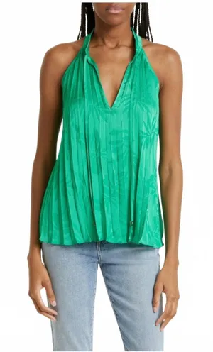 Ramy Brook Alex Pleated Blouse Halter Jacquard Garden Green Island Women's Small thumbnail 1