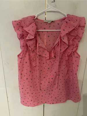 LOFT Pink Ruffle Cap-Sleeve Blouse thumbnail 3