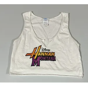 Disney White ‘Hannah Montana’ Y2K Graphic Tank Crop Top T-Shirt Tee Size S 🎤✨ thumbnail 2