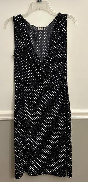 Anne Klein Classic Black White Polka Dot Sleeveless Faux Wrap Midi Dress Medium thumbnail 1