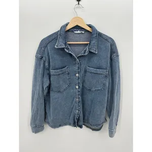 Jane + Delancey Women Large Blue Acid Wash Cotton Blend Knit Denim Shacket thumbnail 3