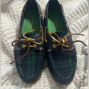 Sperry Green and Navy Plaid Leather-Trim Moccasins thumbnail 2