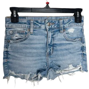 American Eagle light wash distressed High-rise Jean Shorties denim shorts size 0 thumbnail 1