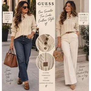 Guess Los Angeles Womens Cream Cable Knit Mock Neck Button Sweater Size M thumbnail 2