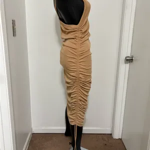 Ruched Sleeveless Maxi Dress in Camel Tan NWOT Large thumbnail 4