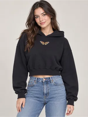 Garage Black Monarch Butterfly Embroidered Cropped Hoodie Small thumbnail 1
