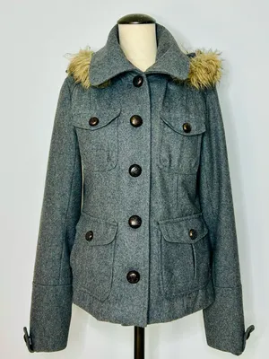 Vintage Y2K dELiA*s Grey Wool-Blend Peacoat with Removable Faux Fur Hood Medium thumbnail 1