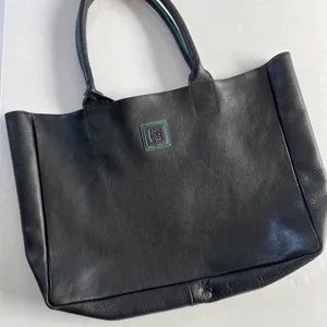 Black Deertan Cowhide Leather Tote Bag Teal Trim Classic Minimalist Purse‎ thumbnail 1