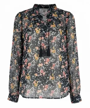 Xhilaration Floral Lace Up Sheer Top Blouse Black Size XS thumbnail 1