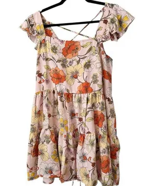 NWT Lottie & Holly Large Retro Floral Ruffle Sleeve Knee Length Dress Size Large thumbnail 1