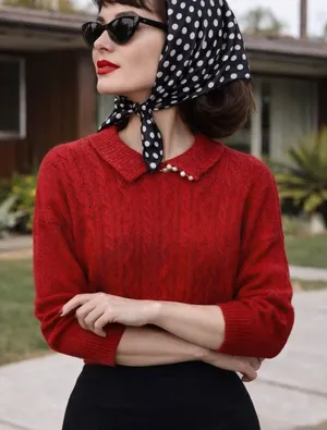 80s Vintage Red Angora Silk Sweater M Cable Knit Pearl Buttons Retro Twee Preppy thumbnail 1