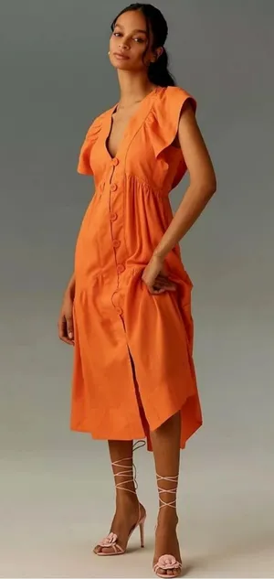 Reneé Flutter-Sleeve Linen Button-Front Midi Dress Pockets Orange Size Medium thumbnail 1