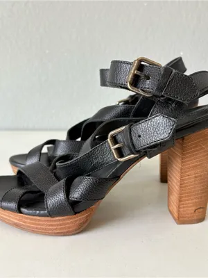 Madewell Black Leather Ankle Strap Platform Wood High Heels Sandals Womens Sz 10 thumbnail 2