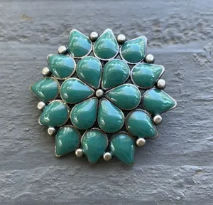 Vintage Teal Flower Southwestern Style Brooch Pendant thumbnail 1
