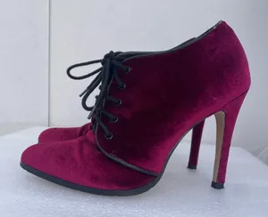 Velvet Lace-Up High Heel Booties in Burgundy thumbnail 1