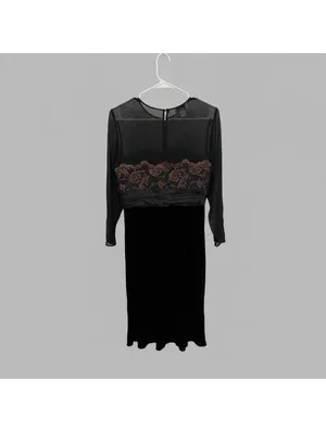 Vintage Talbots Black Velvet Lace Maxi Dress Sheer Mesh Bow Size 8 Dark Romantic thumbnail 3