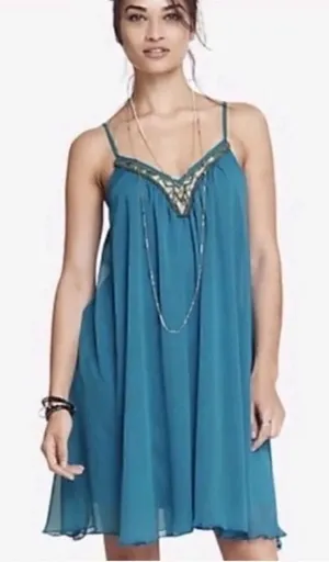 Express Babydoll Dress Womens Teal Blue Sequin Beaded V-Neck‎ Chiffon Small thumbnail 1