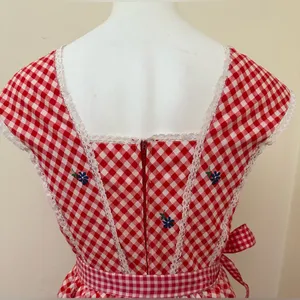 Red White Retro Gingham Checkered Lace Sleeveless Wing Hand Made Dress Sz S thumbnail 11