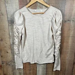 Free People We The Free Natasha Ruched Sleeve Top Small Beige Slub Knit thumbnail 2