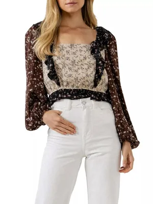 Free The Roses Floral Color Block Ruffle Blouse Size L Puff Sleeve thumbnail 1