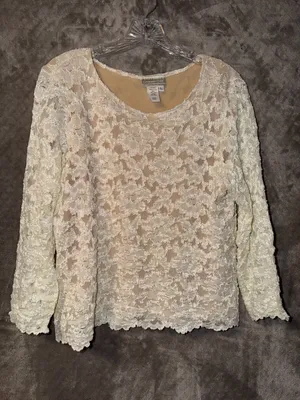 Coldwater Creek Lace Top Size L Cream Long Sleeve Floral Scallop Hem thumbnail 3