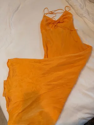 Zara Orange Satin Effect Maxi Dress Open Lace Up Back Ruched Bust Size Small thumbnail 1
