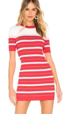 NWT Amanda Uprichard Red/Pink Ribbed Striped Short Sleeve Bodycon Mini Dress Lrg thumbnail 1