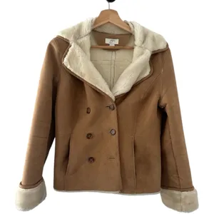Vintage LOFT Faux Shearling Jacket Small Tan Suede Fur Lined 90s Y2K winter coat thumbnail 1