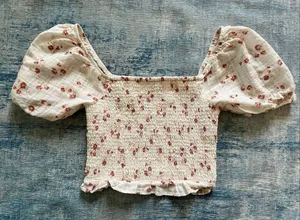 American Eagle Ivory Brick Red Crop Smocked Puff Sleeve Peasant Top Small thumbnail 1
