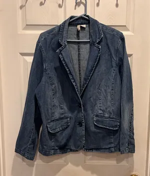 St. Johns Bay Womens 1X Blue Denim Blazer Jacket Stretch Cotton Medium Wash thumbnail 1