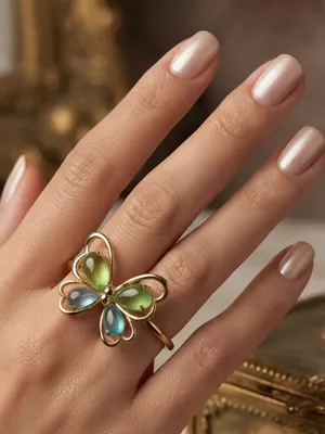 Gold Plated Colorful Butterfly Adjustable Ring Green Blue Stones Statement Jewel thumbnail 1