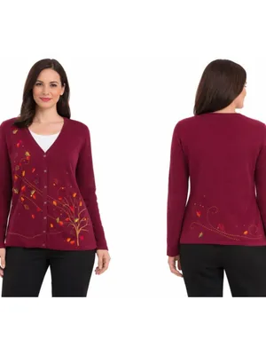 Christopher & Banks Maroon V-Neck Button Cardigan with Autumn Leaf Embroidery thumbnail 2