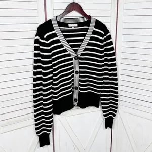 Bagatelle Collection Striped V Neck Cardigan‎ Sweater Black White Small thumbnail 7