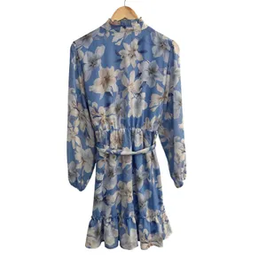 Joie‎ Blue Floral Chiffon Ruffle V-Neck Mini Dress Long Sleeve Large Coquette thumbnail 2