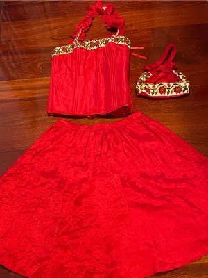 Women’s Red Two-Piece Skirt Mexican handmade Set Floral Trim, bag may fit Sz S/M thumbnail 1