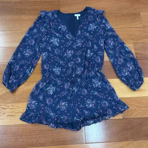 Joie Romper Womens Navy Blue Floral Ruffle Long Sleeve V-Neck Size M thumbnail 2