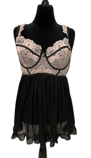 NWT Torrid Sz 1 (14/16) Black Lotus Lace Underwire Babydoll Chemise Lingerie thumbnail 1