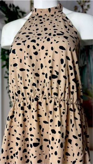 Shein Beige Black Cheetah Print Halter Ruffle Asymmetric Dress XL 12 Stretch thumbnail 1
