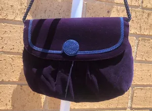 Dark purple velvet crossbody shoulder purse bag clutch rope trim tassel and snap magnetic closure thumbnail 2
